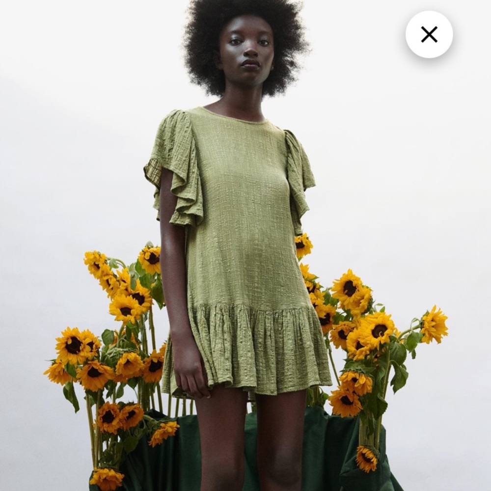 Zara Green Tiered Mini Dress weave texture NWOT